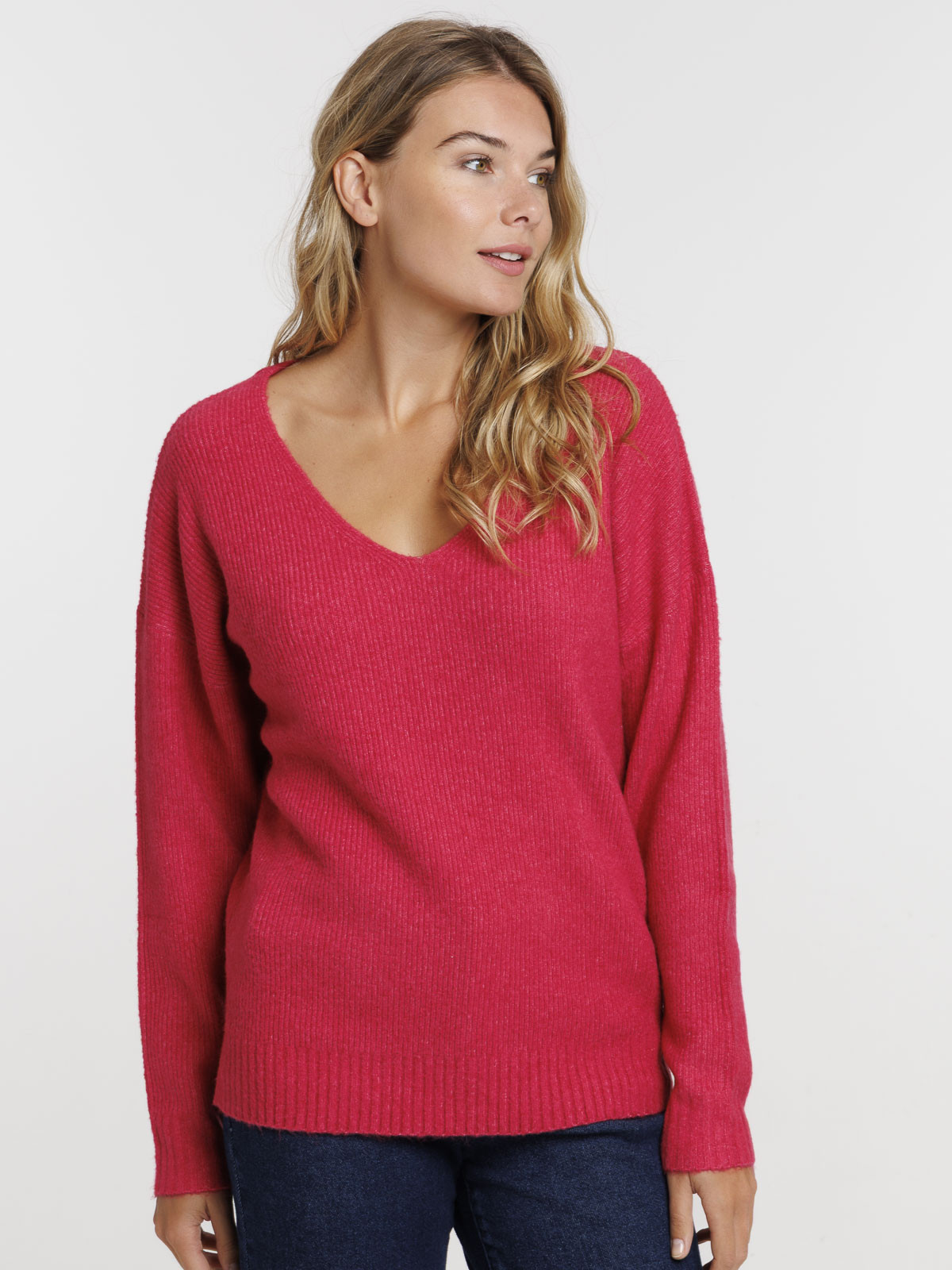 Pull col V rose fiesta femme