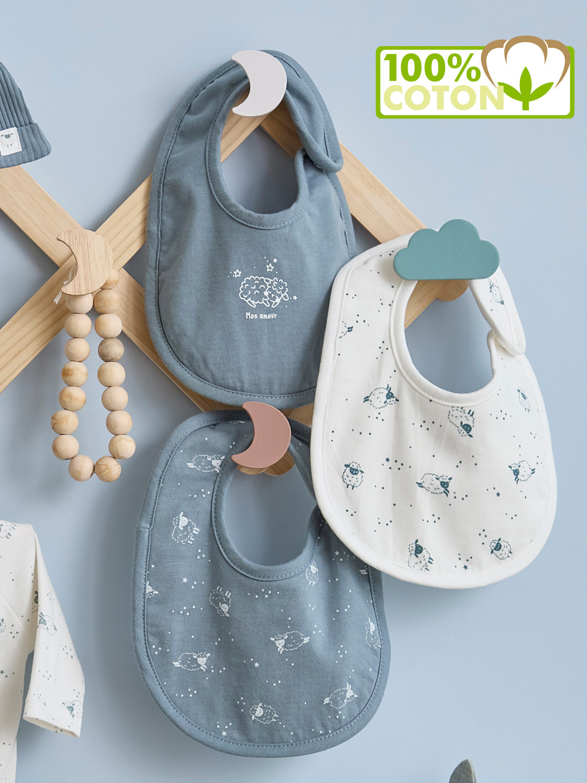 Lot de 3 bavoirs mouton garçon Lot de 3 bavoirs mouton garçon