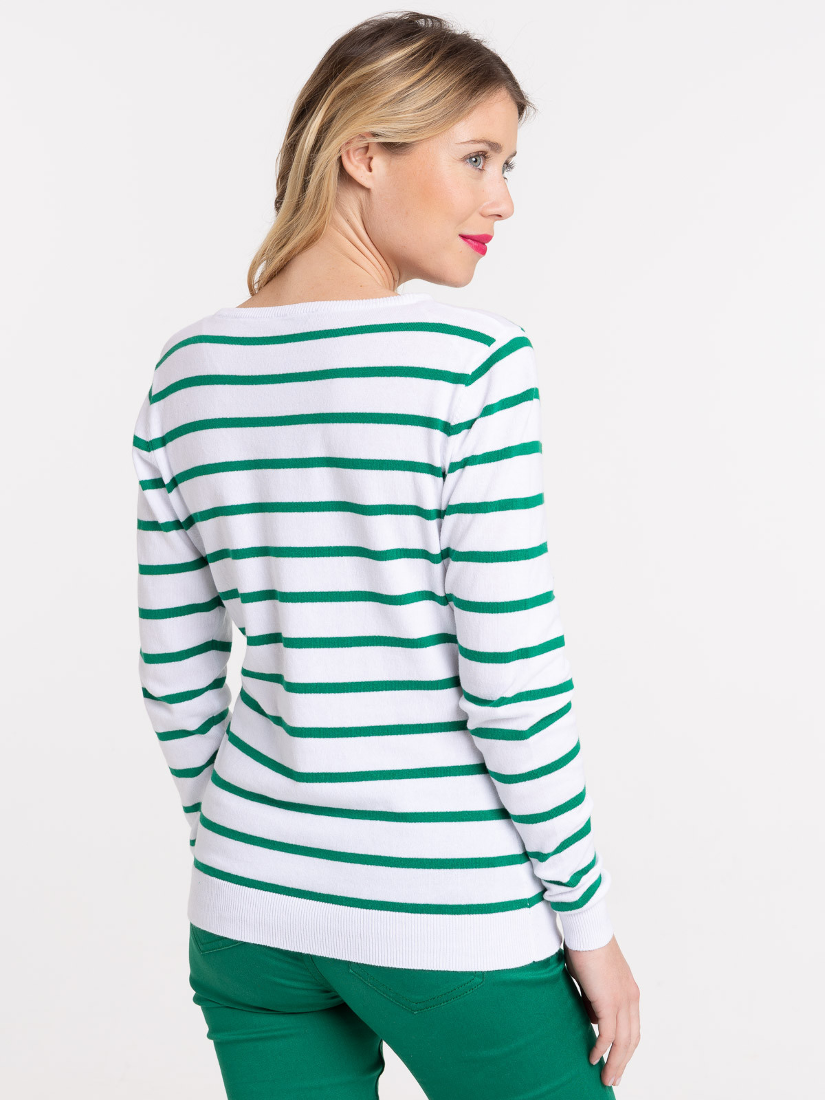 Pull rayé blanc et vert bosphore femme Pull rayé blanc et vert bosphore femme