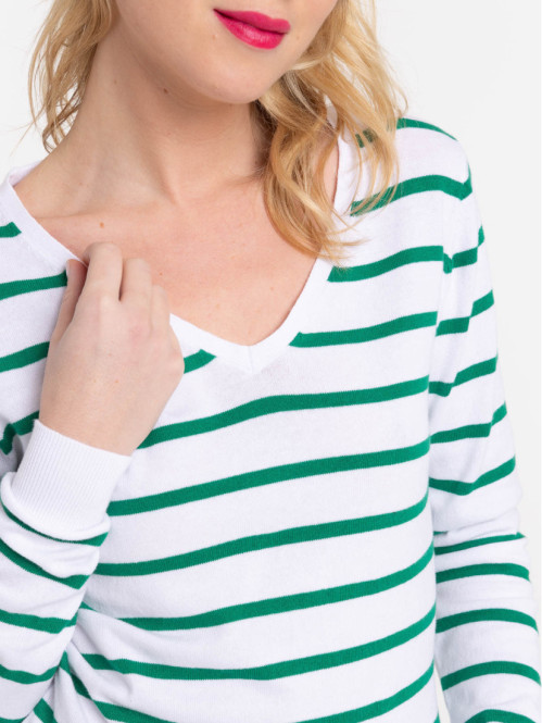 Pull rayé blanc et vert bosphore femme Pull rayé blanc et vert bosphore femme