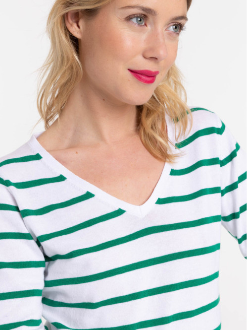 Pull rayé blanc et vert bosphore femme Pull rayé blanc et vert bosphore femme