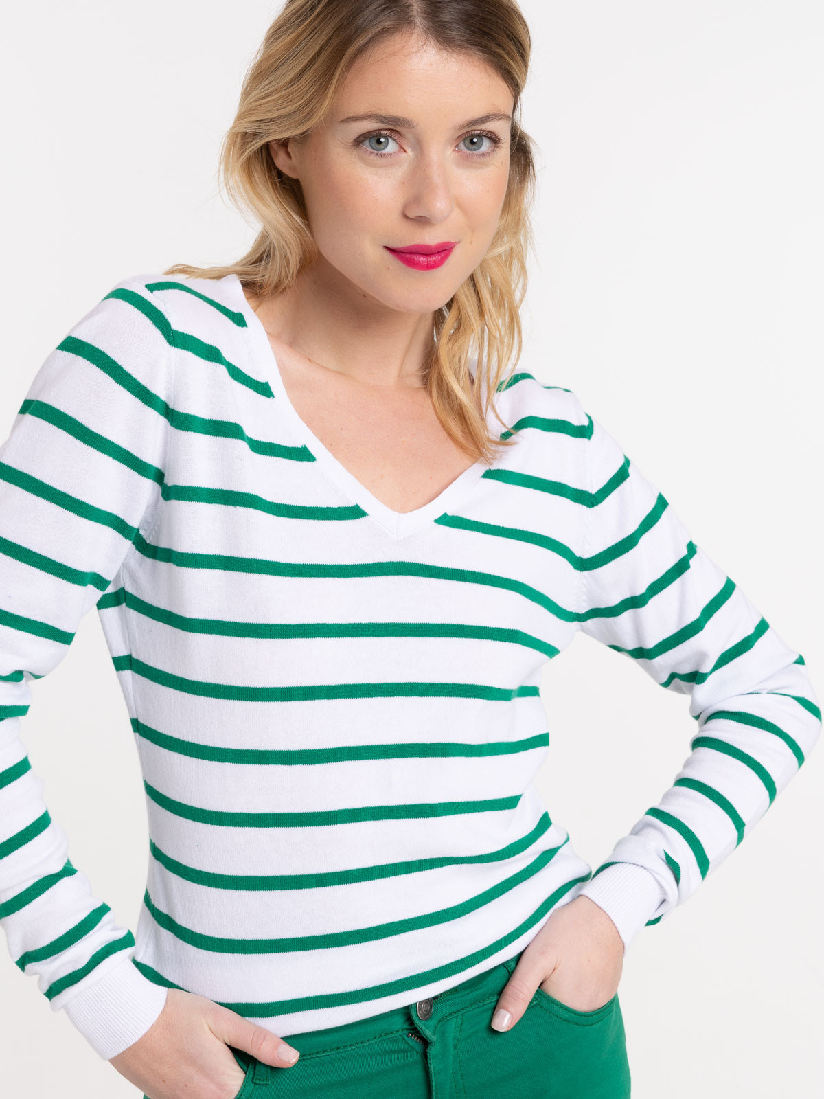 Pull rayé blanc et vert bosphore femme
