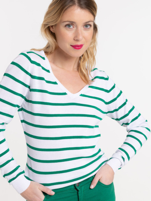 Pull rayé blanc et vert bosphore femme