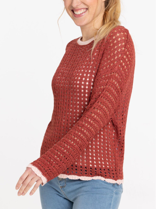 Pull crochet marron rougi femme
