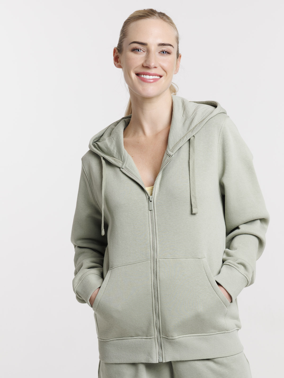 Sweat zippé capuche mousse clair femme