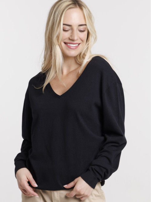 Pull fin col V noir femme