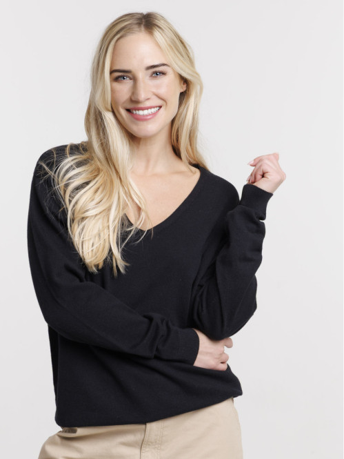 Pull fin col V noir femme
