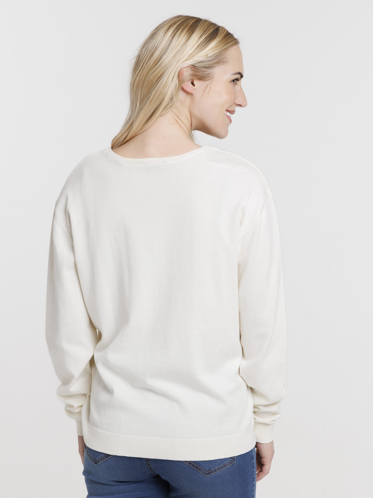 Pull fin col V nacre femme