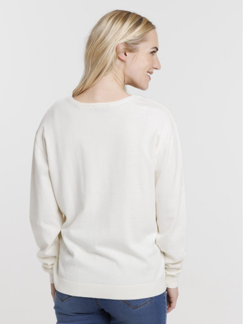 Pull fin col V nacre femme