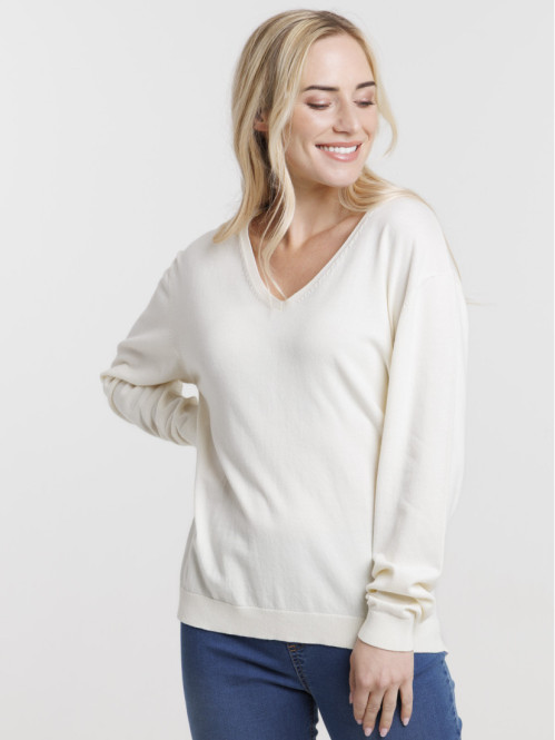 Pull fin col V nacre femme