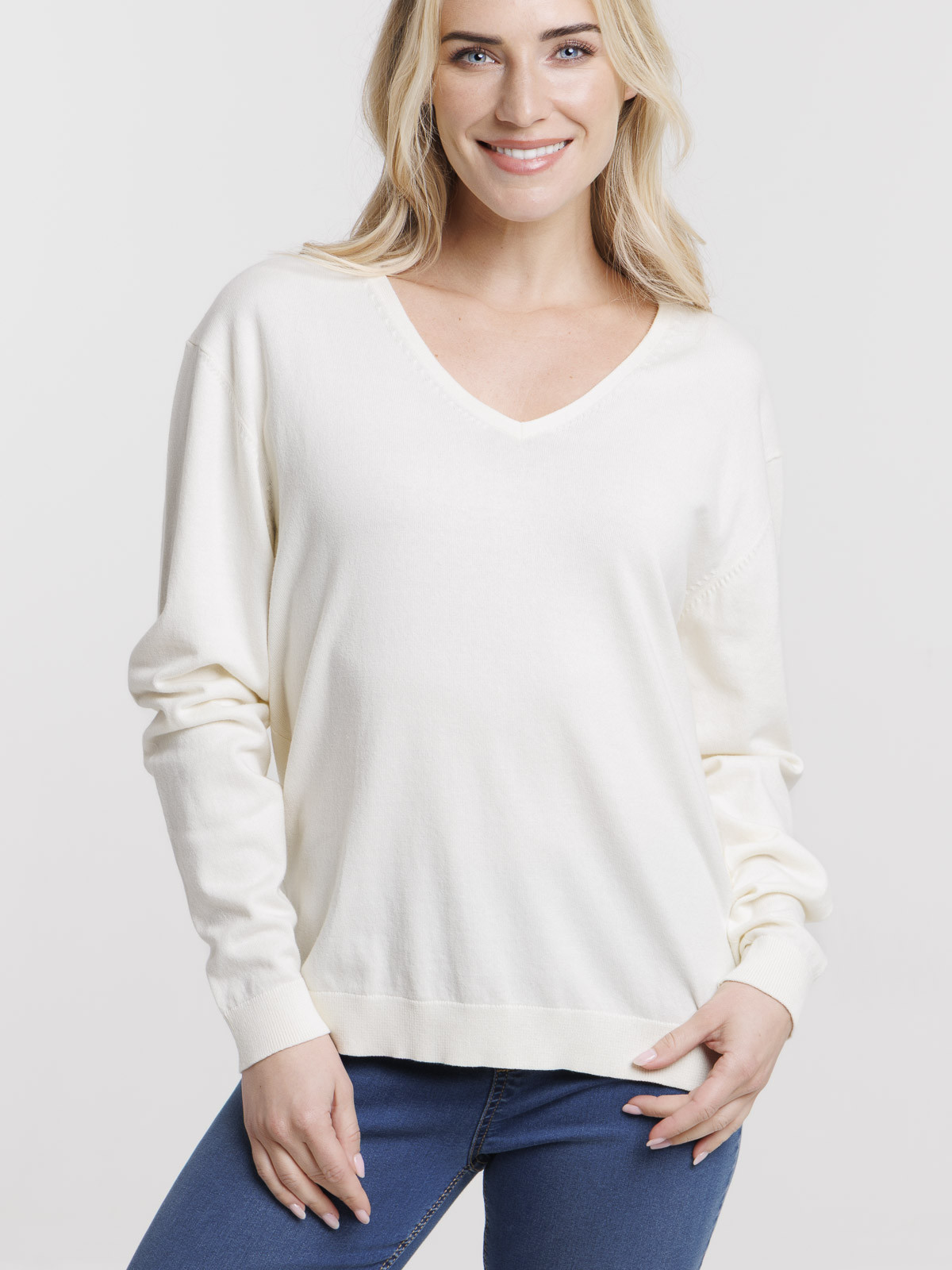 Pull fin col V nacre femme