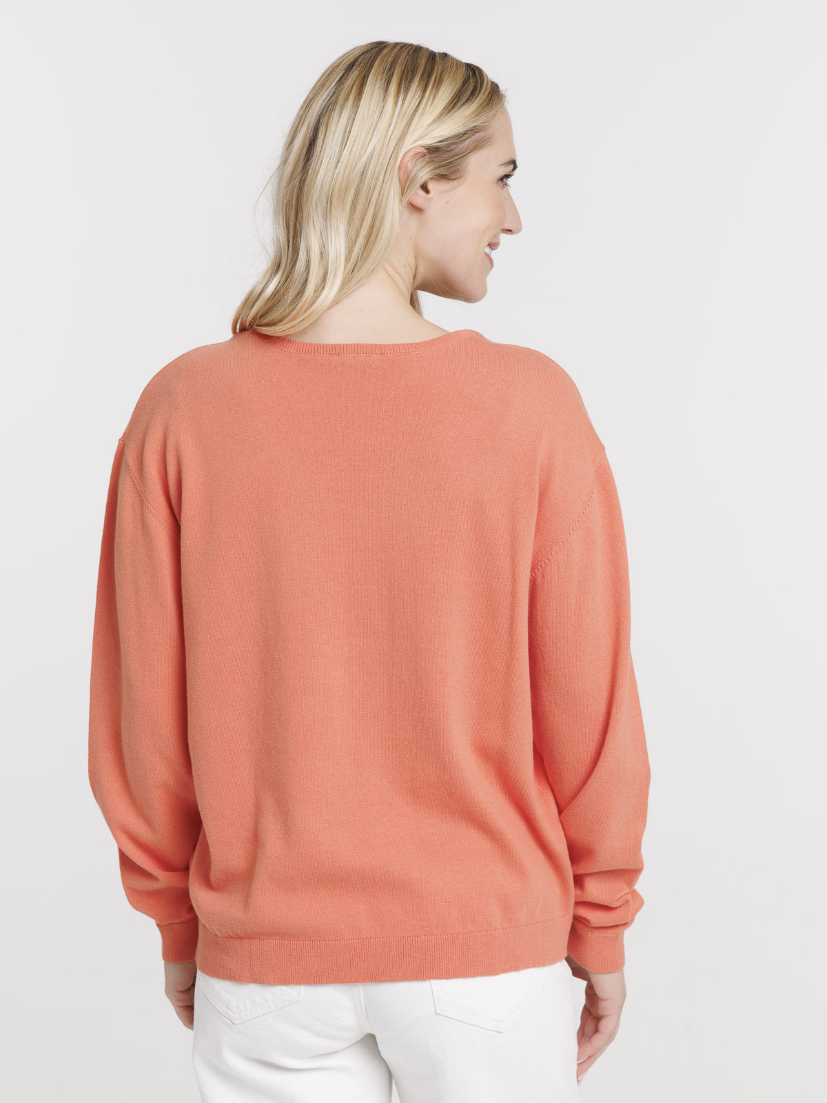 Pull fin col V corail femme