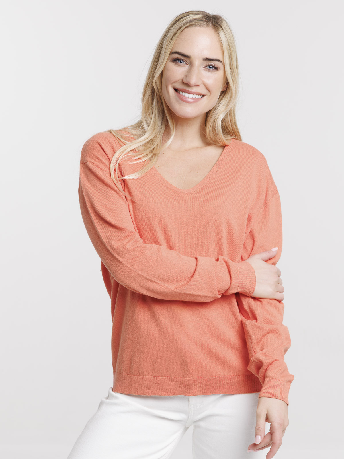 Pull fin col V corail femme