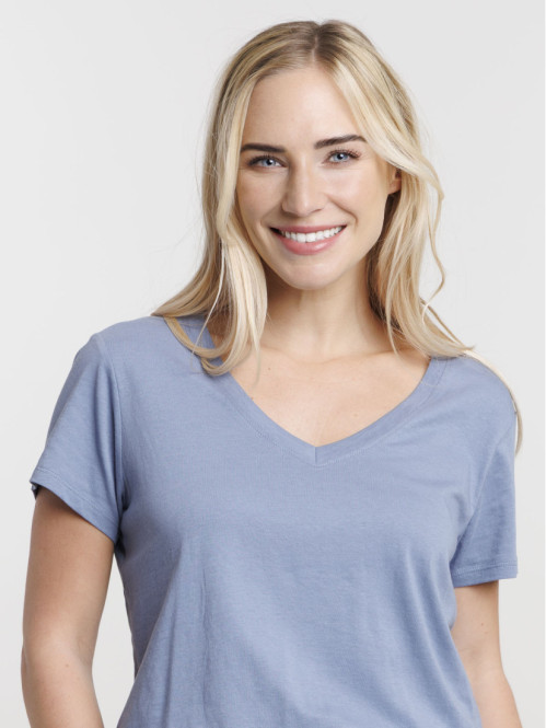 T-shirt col V denim bleu femme