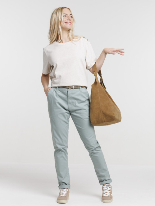 Pantalon chino slim ceinture dorée femme