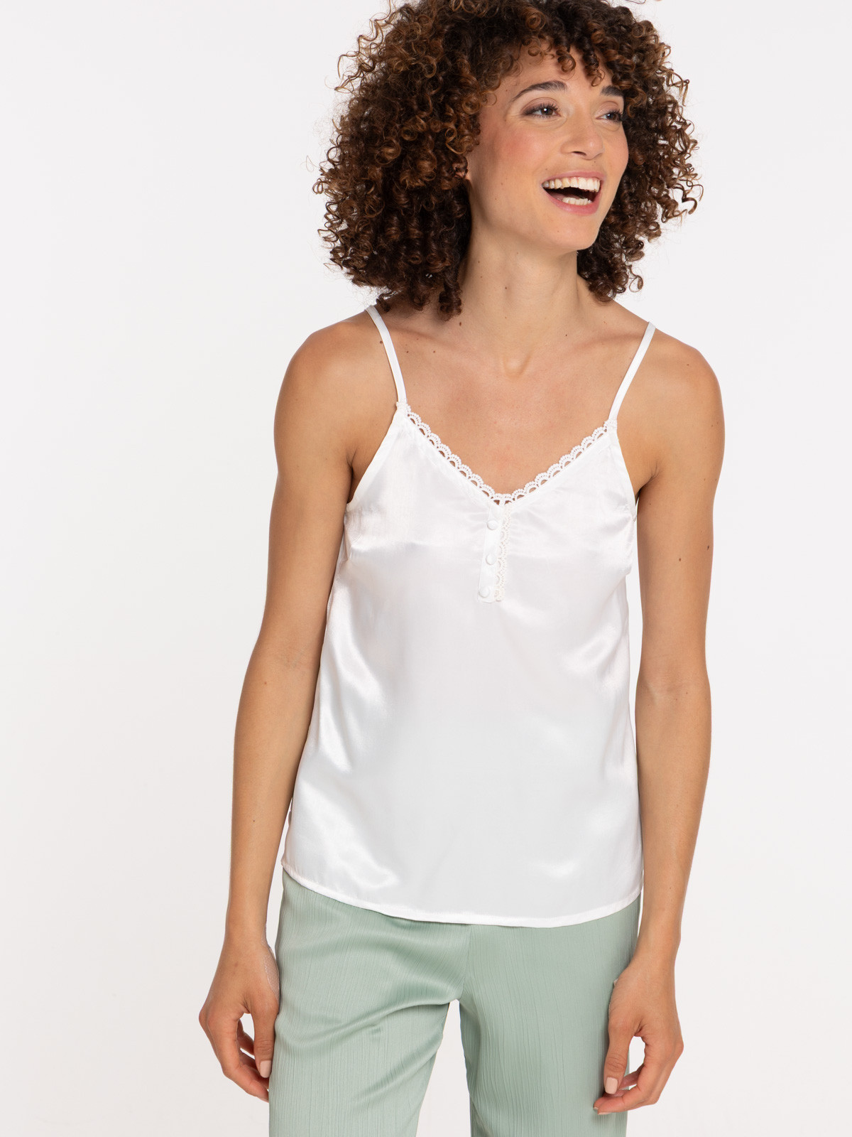 Top satin blanc cassé femme