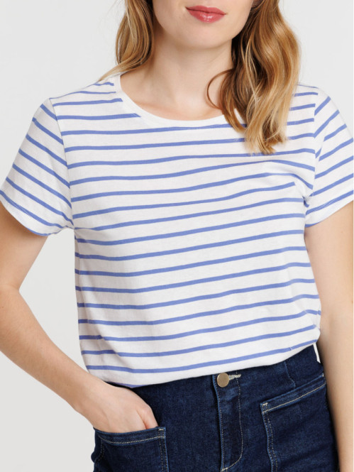 Tee-shirt écru rayé lavande femme Tee-shirt écru rayé lavande femme