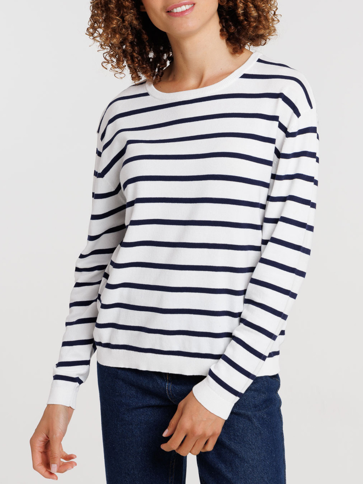 Pull écru col rond rayé femme