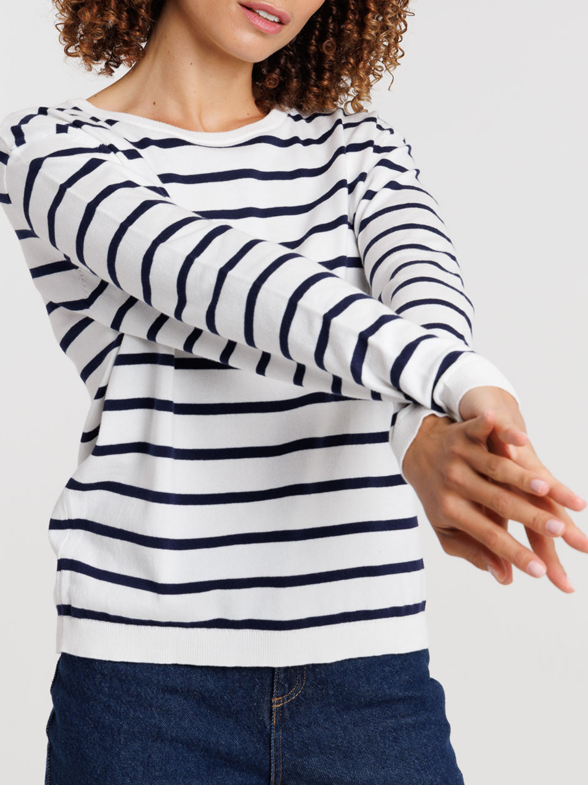 Pull écru col rond rayé femme