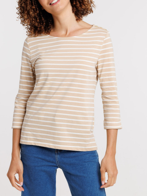 T-shirt beige rayé écru femme