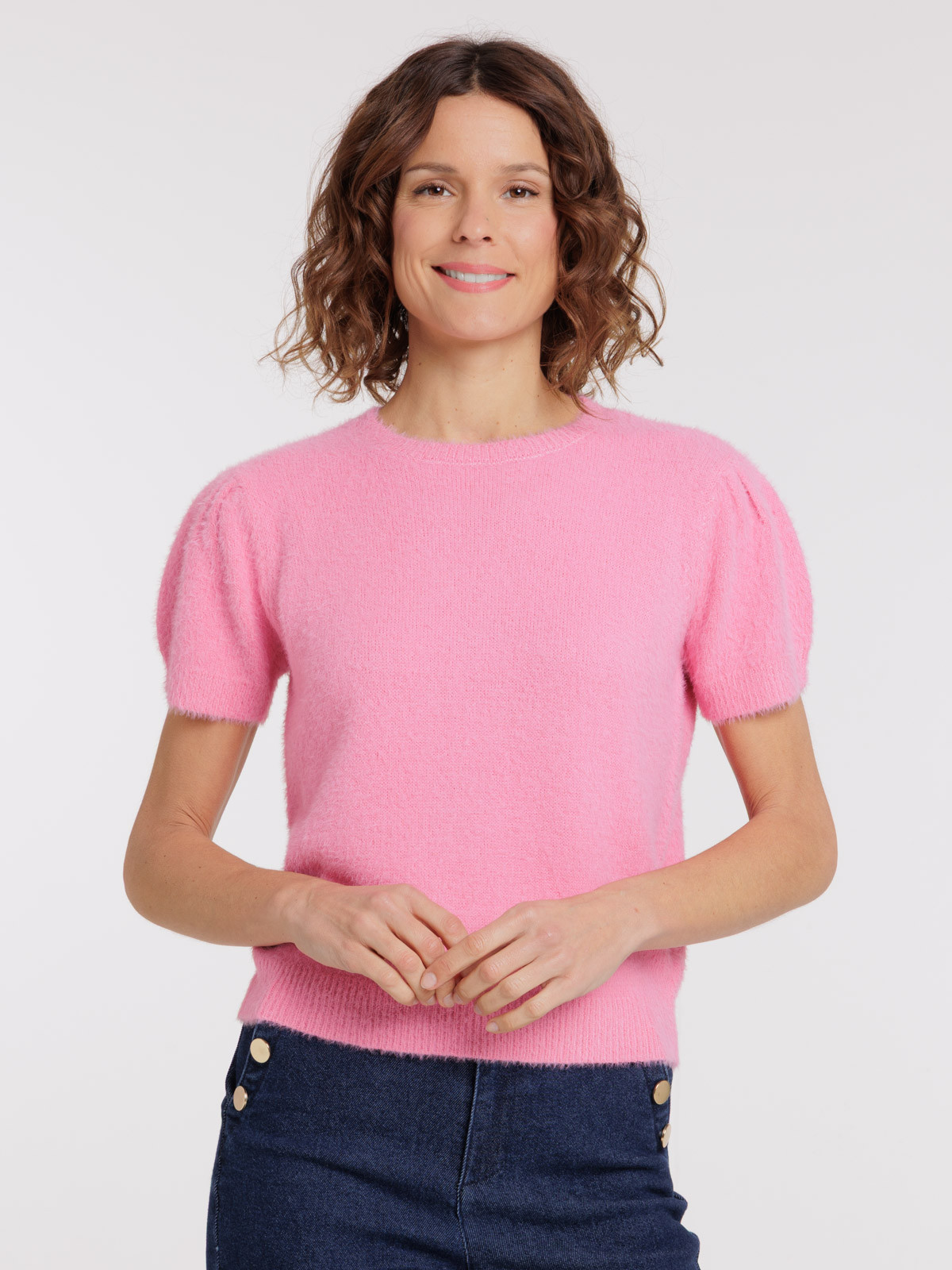 Pull femme rose manches courtes