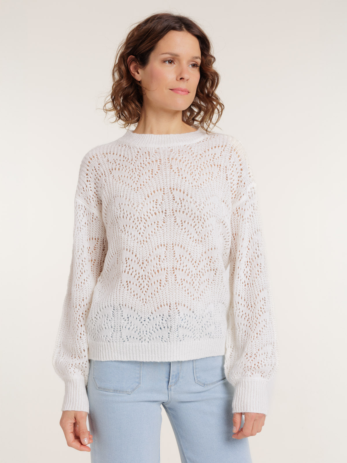 Pull col rond maille ajourée femme