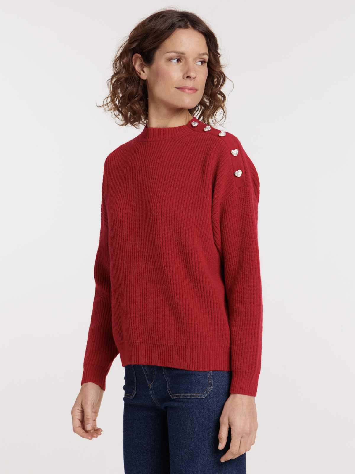 Pull boutons coeurs strass femme