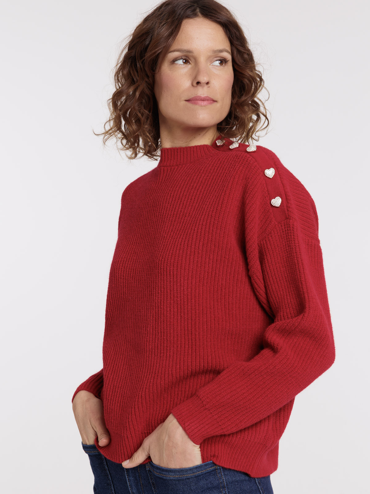 Pull boutons coeurs strass femme