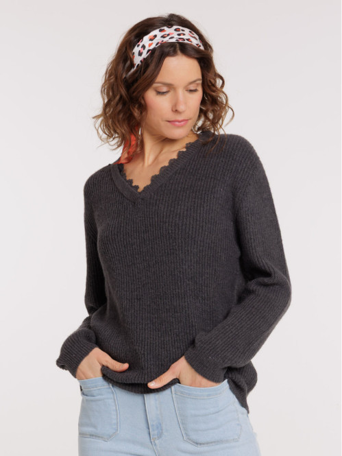 Pull col V dentelle femme