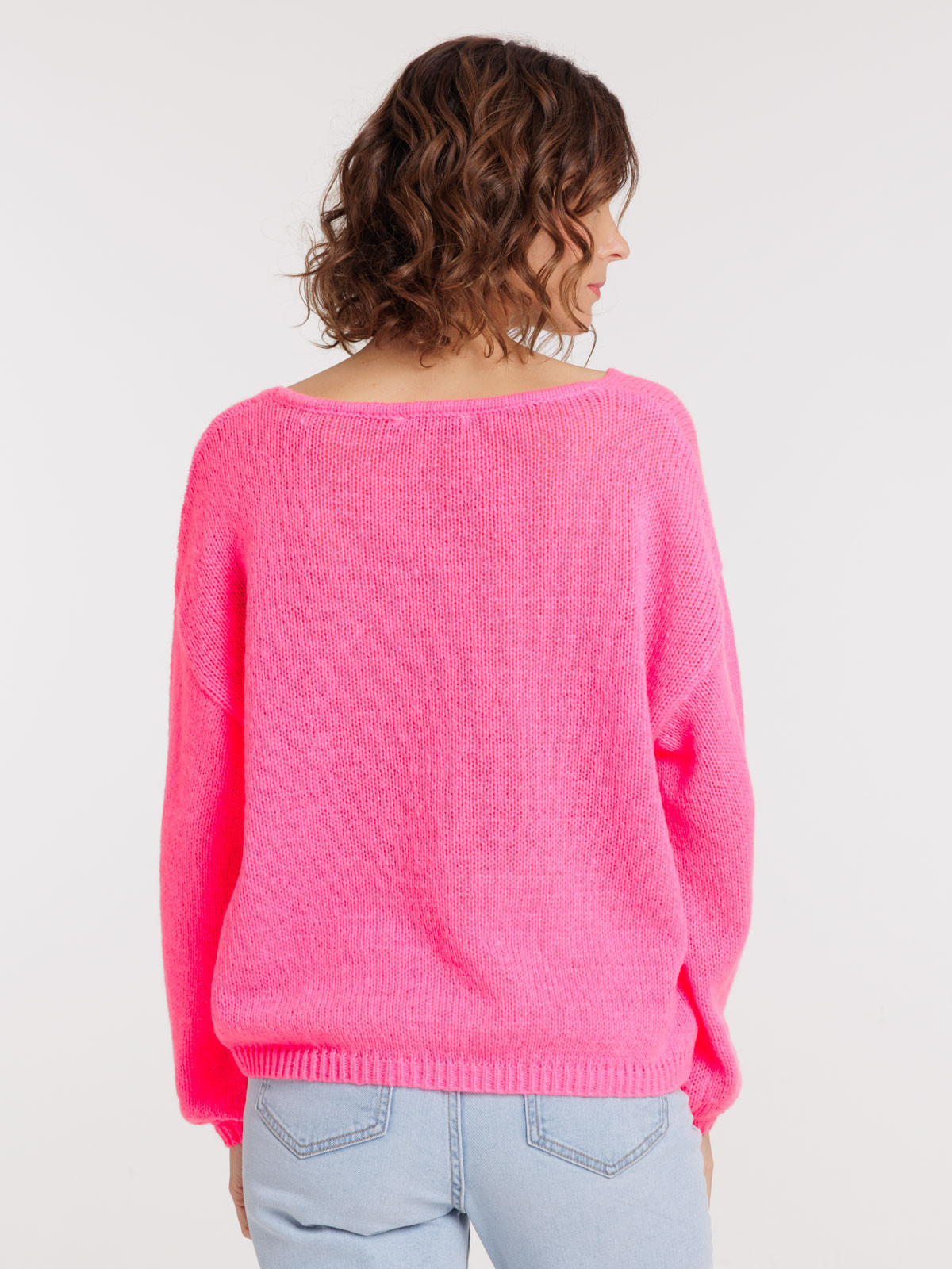 Pull col V néon rose femme