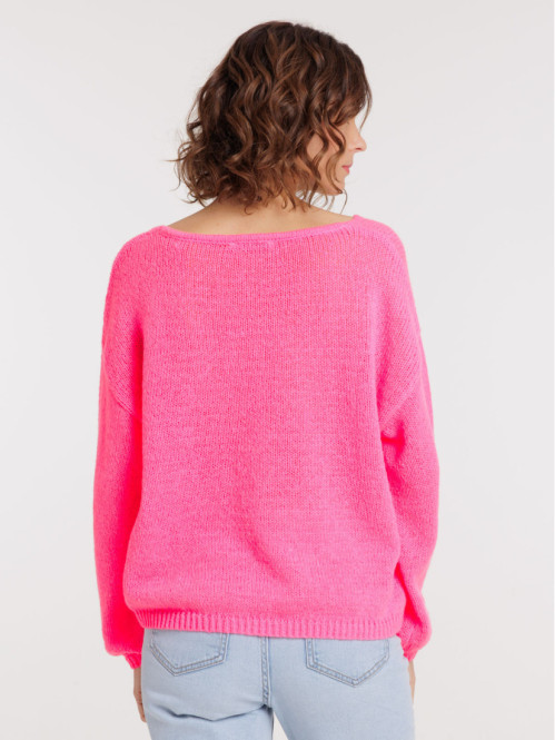 Pull col V néon rose femme