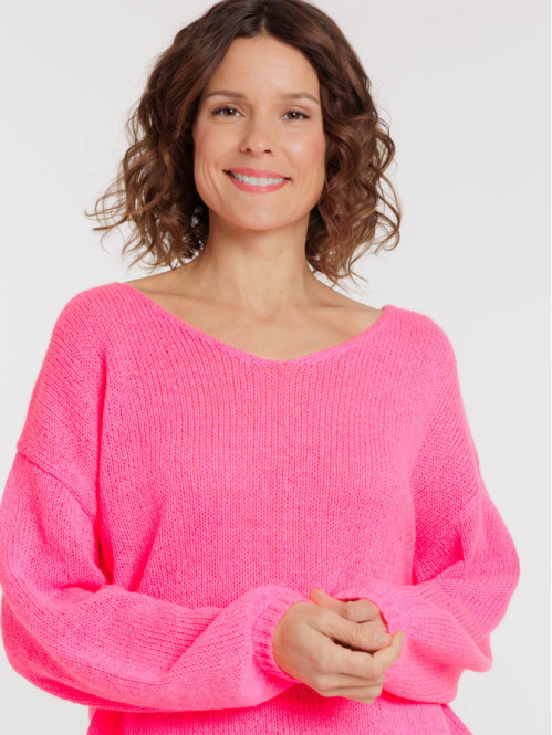 Pull col V néon rose femme