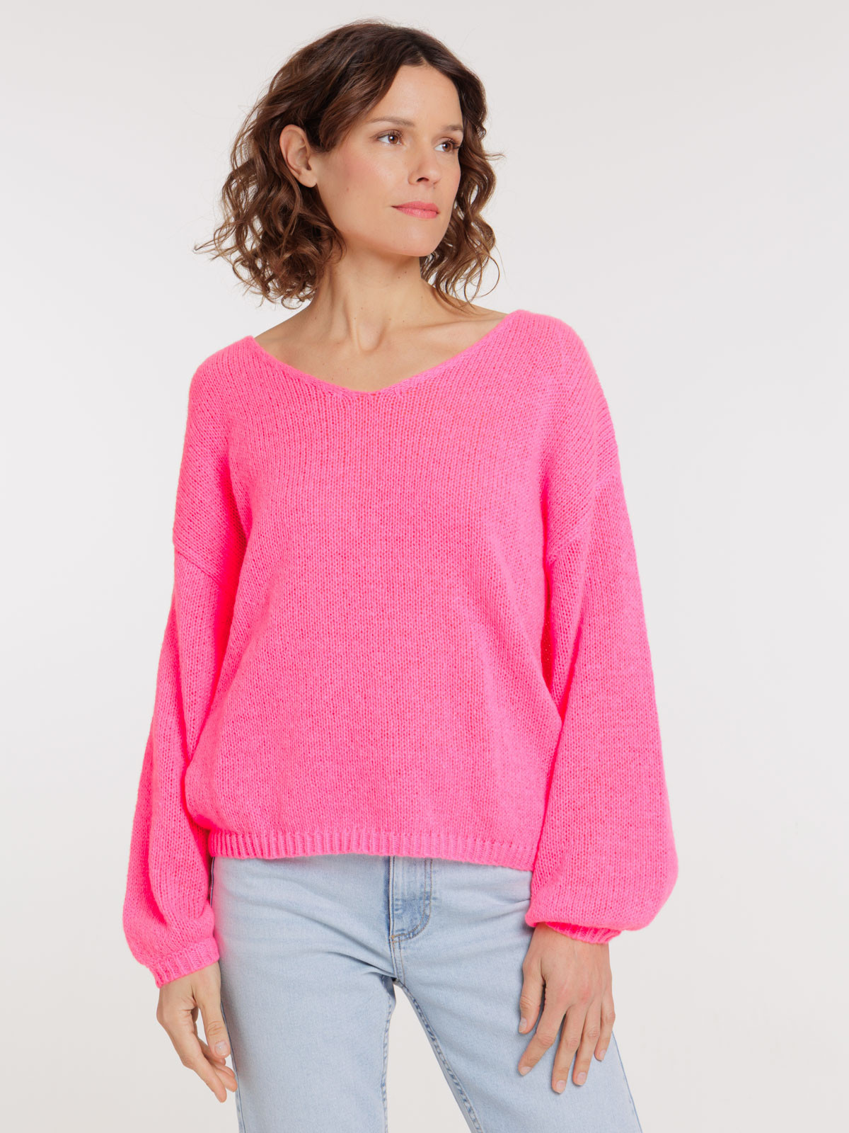 Pull col V néon rose femme