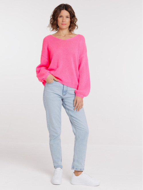 Pull col V néon rose femme