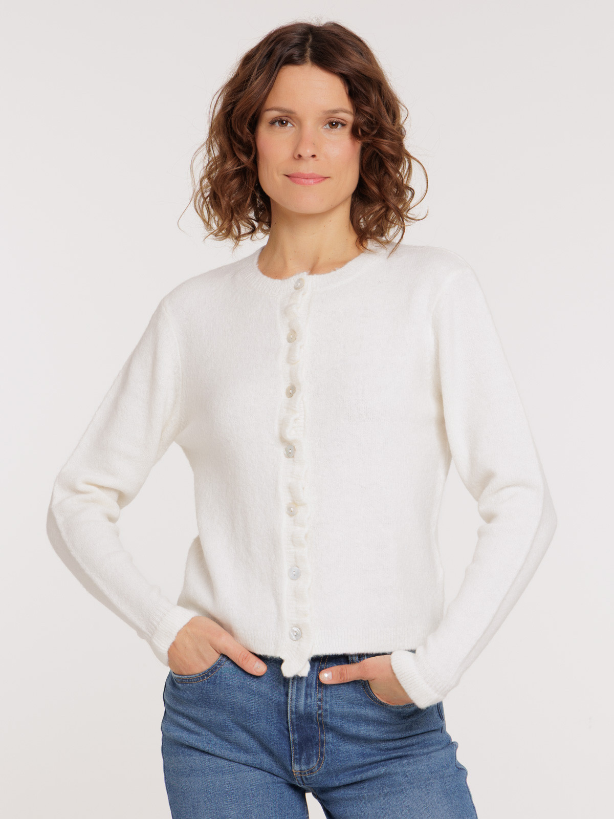 Gilet boutonné col rond et volants femme