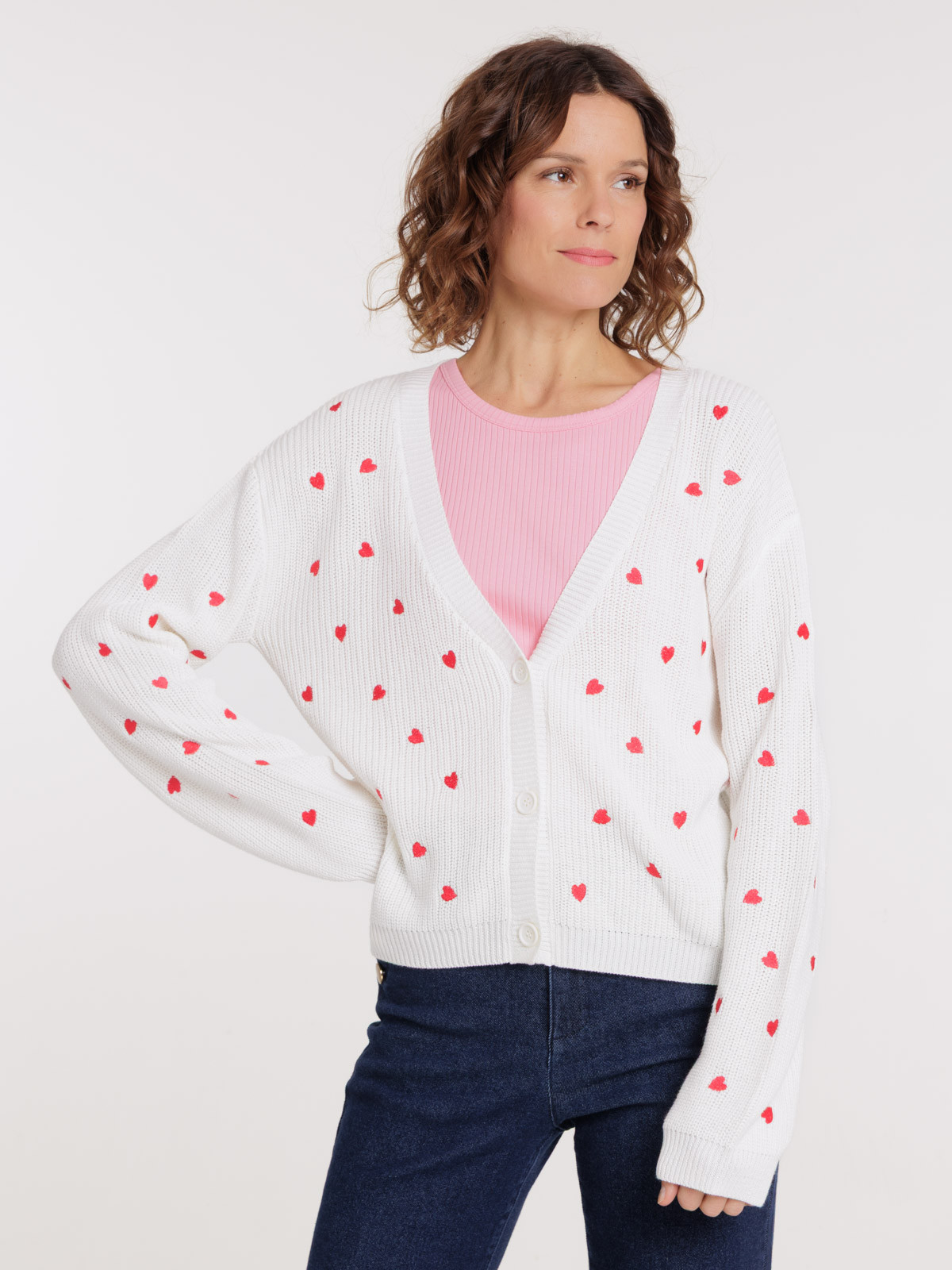 Gilet boutonné motifs coeurs femme Gilet boutonné motifs coeurs femme