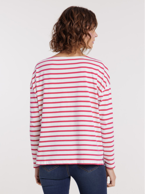 Tee-shirt écru rayé rose femme Tee-shirt écru rayé rose femme