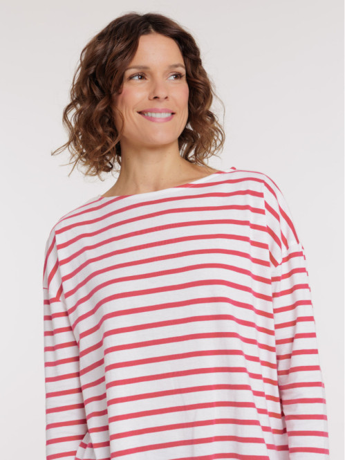 Tee-shirt écru rayé rose femme Tee-shirt écru rayé rose femme