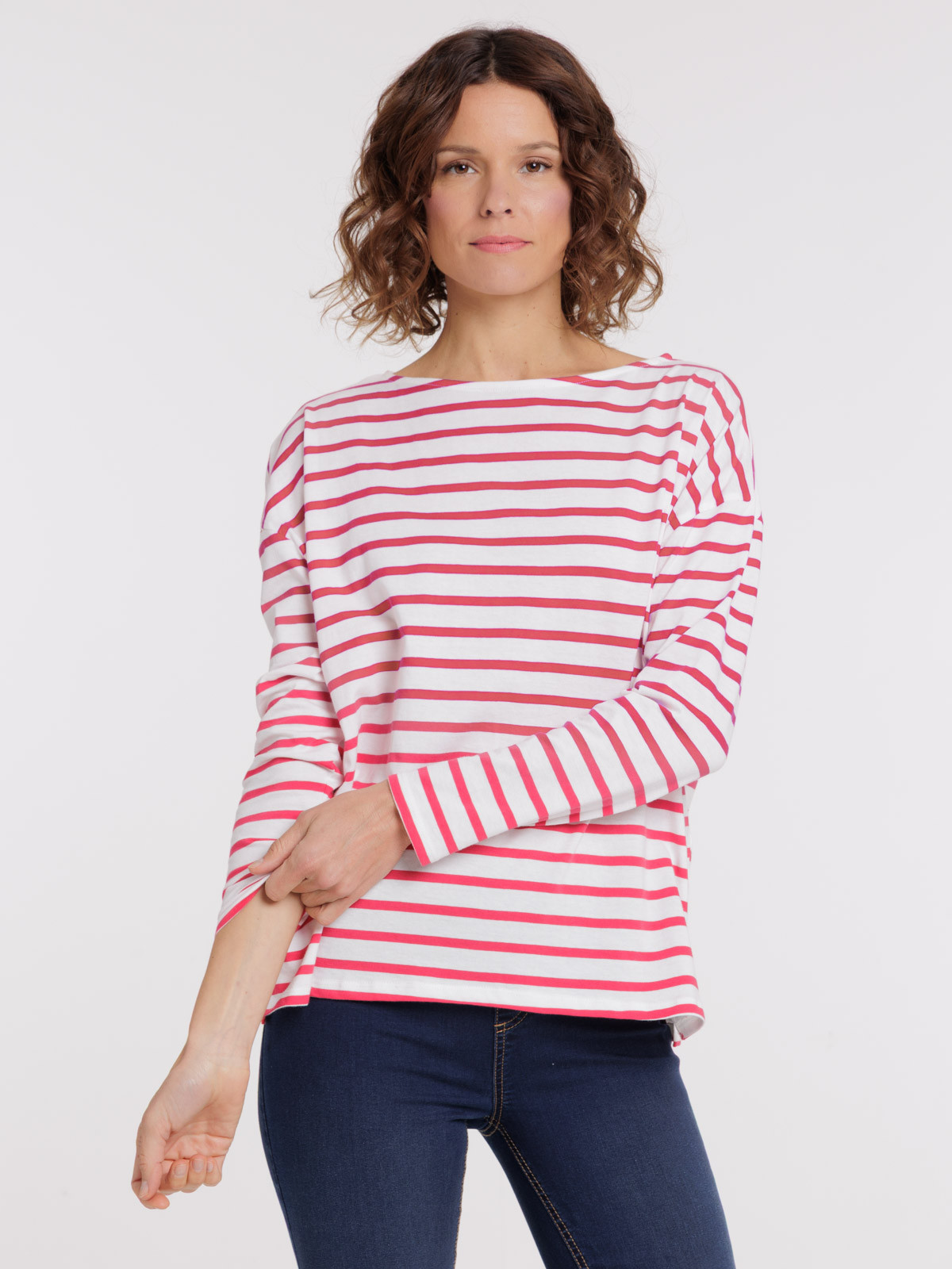 Tee-shirt écru rayé rose femme Tee-shirt écru rayé rose femme