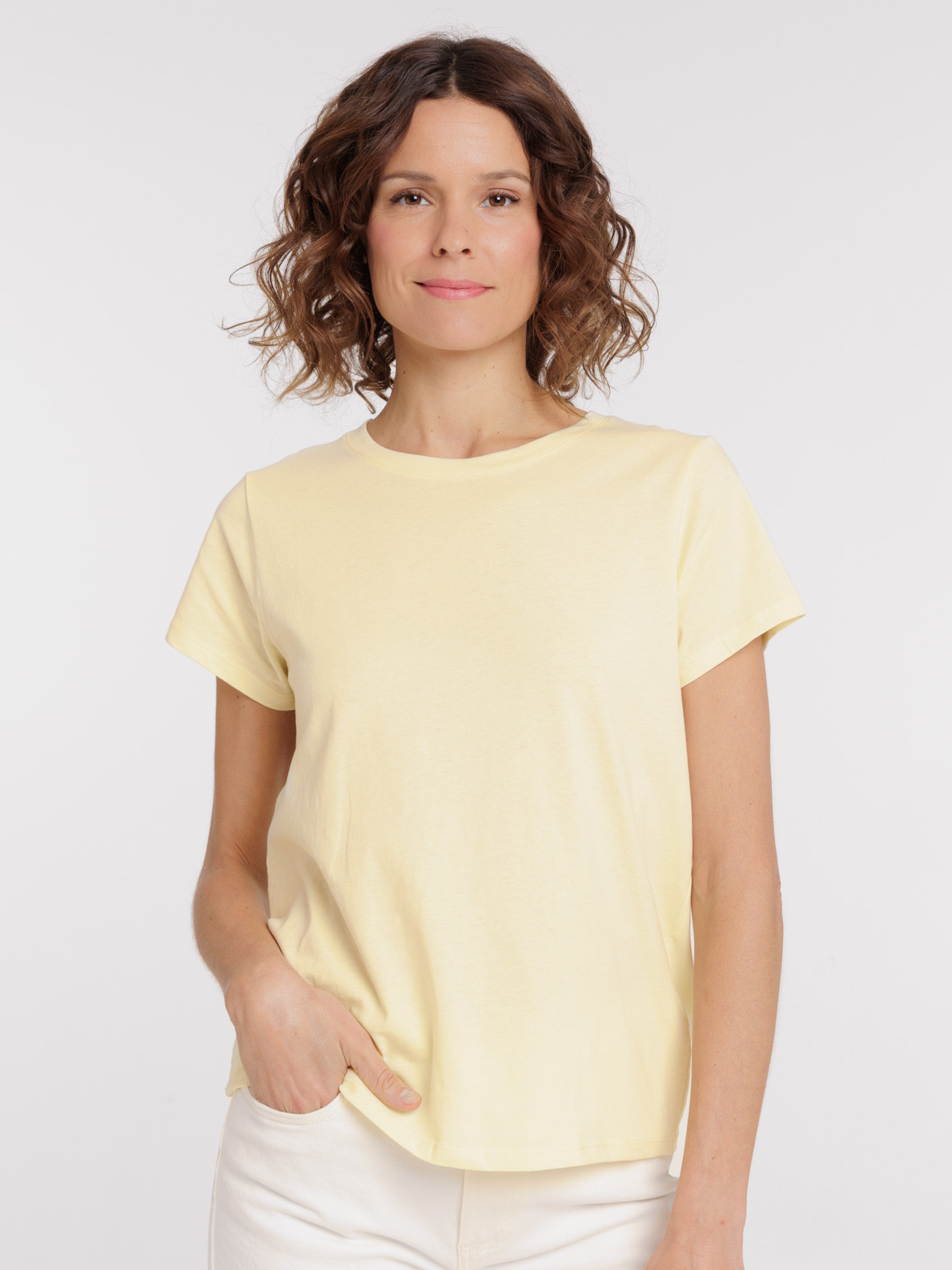 Tee-shirt col rond jaune pâle femme