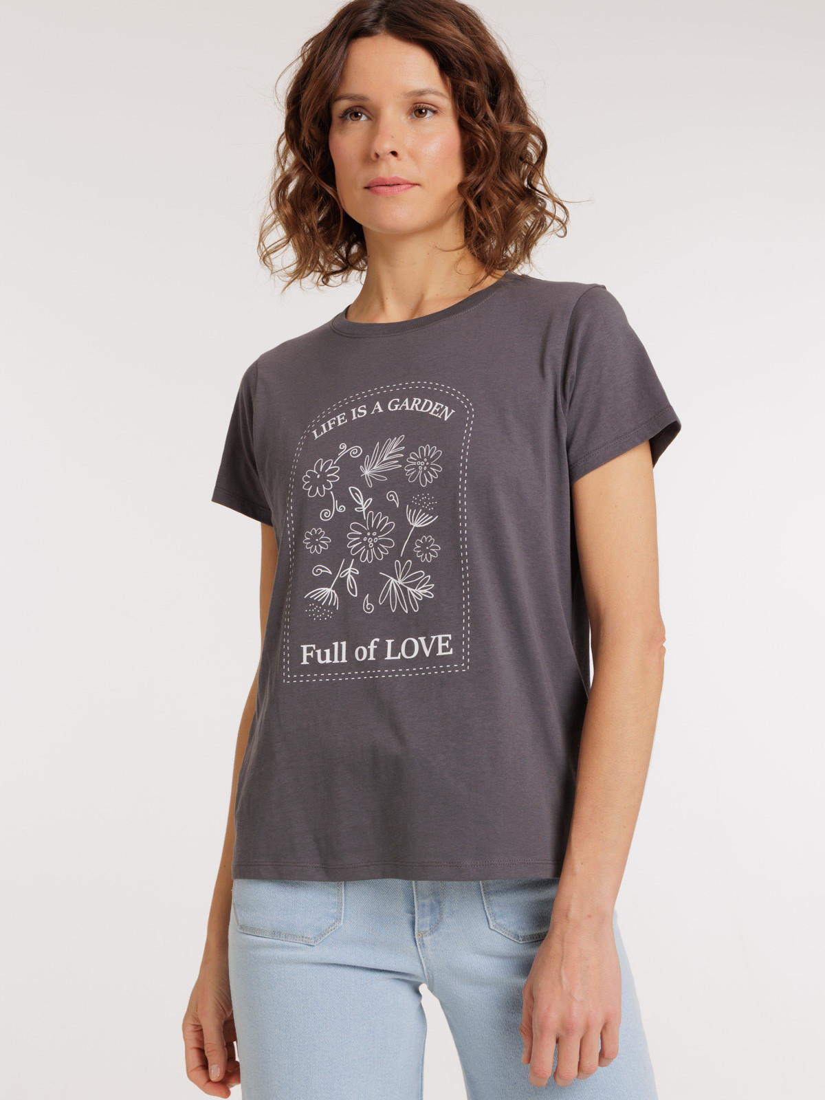 T-shirt col rond motif fleurs femme