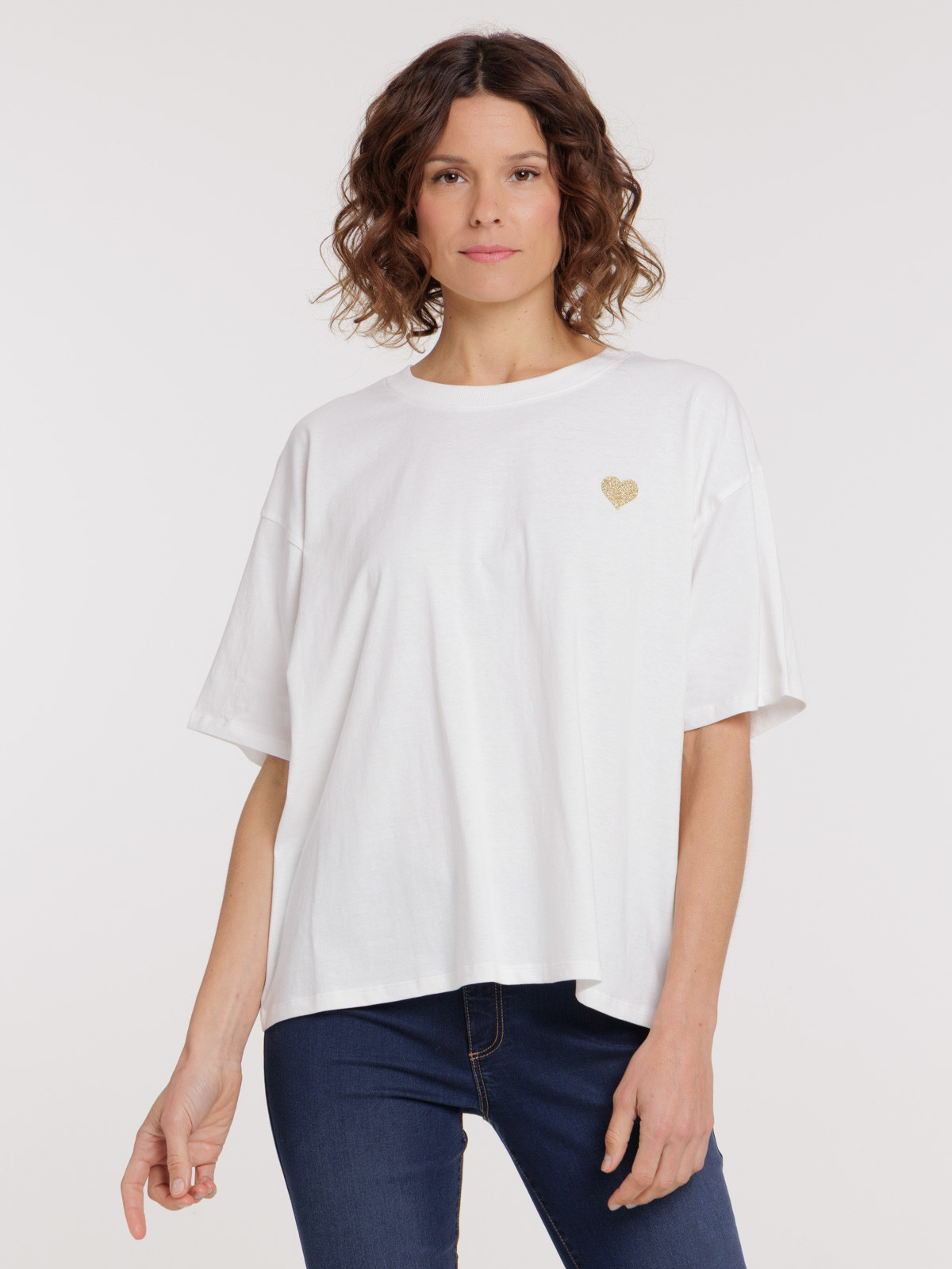 T-shirt blanc cassé coeur doré femme