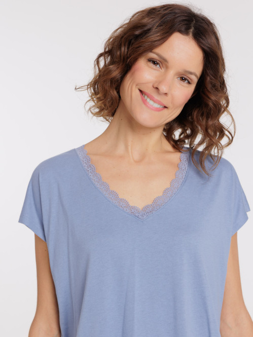T-shirt col V dentelle denim blue femme T-shirt col V dentelle denim blue femme