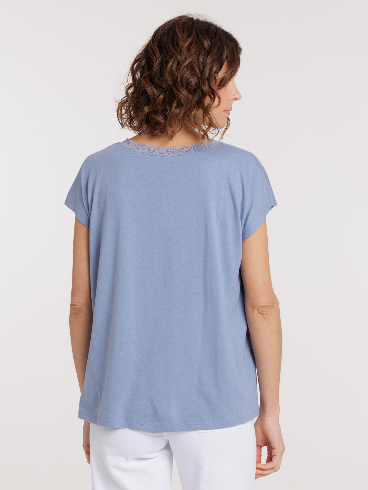 T-shirt col V dentelle denim blue femme T-shirt col V dentelle denim blue femme