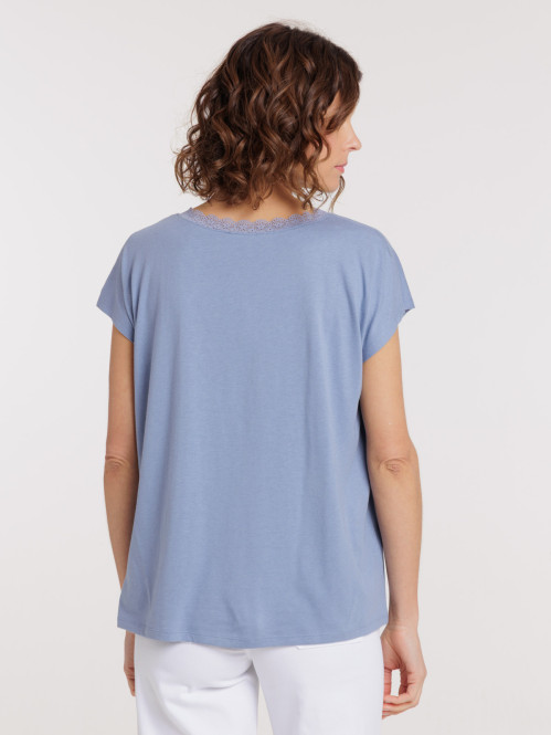 T-shirt col V dentelle denim blue femme T-shirt col V dentelle denim blue femme