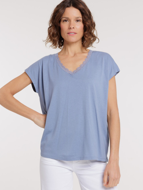 T-shirt col V dentelle denim blue femme T-shirt col V dentelle denim blue femme
