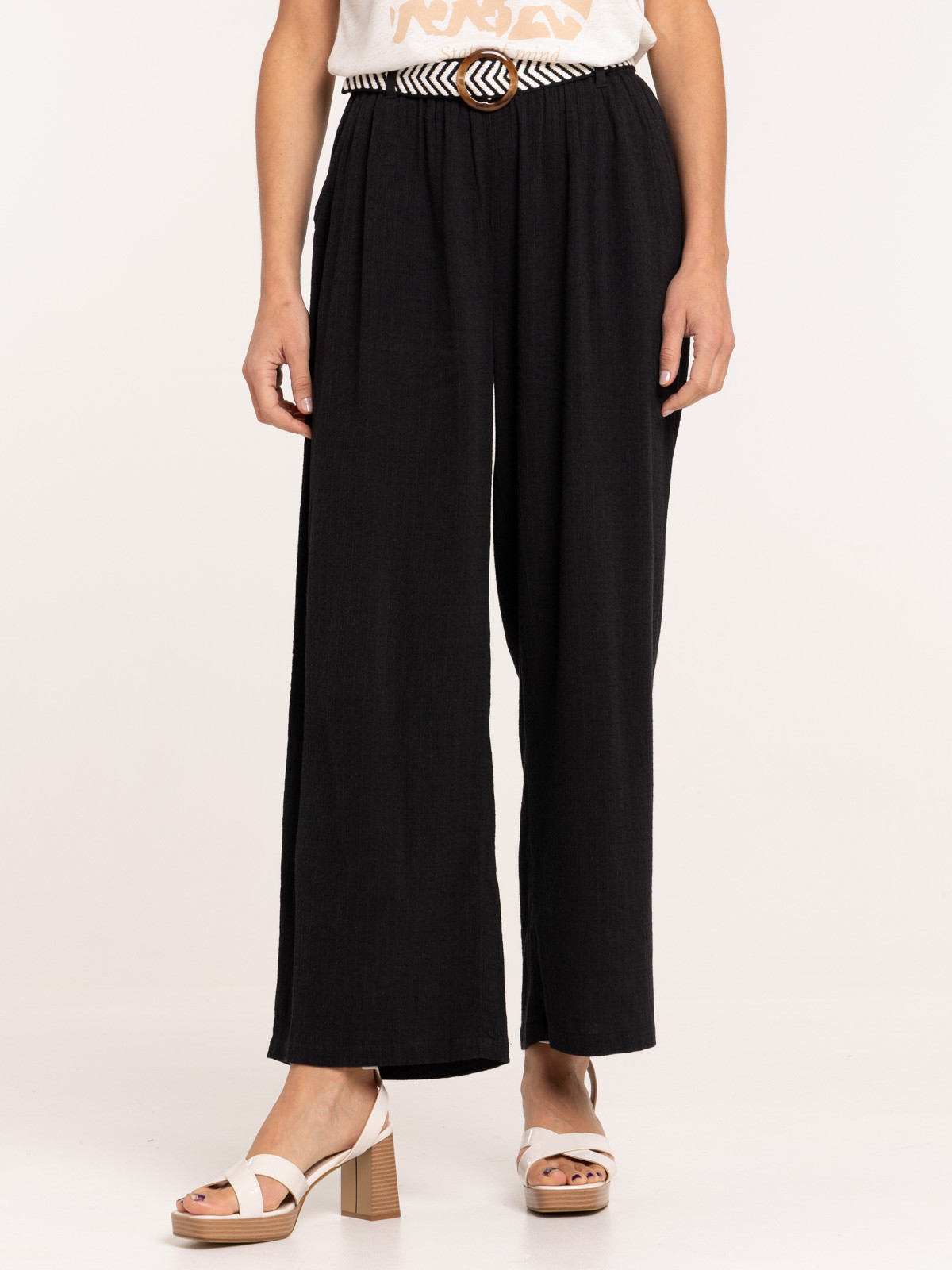 Pantalon noir large ceinturée femme