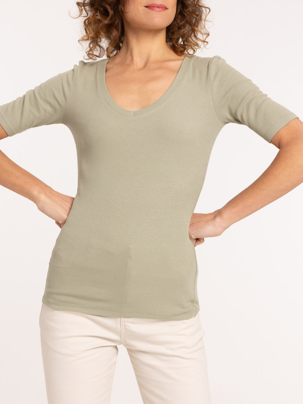 T-shirt côtelé col V femme