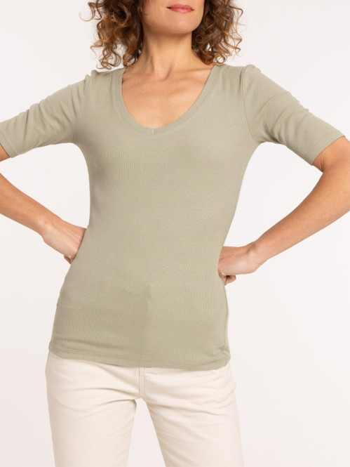 T-shirt côtelé col V femme