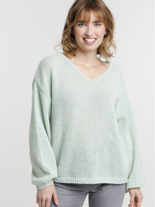 Pull col V vert retro femme